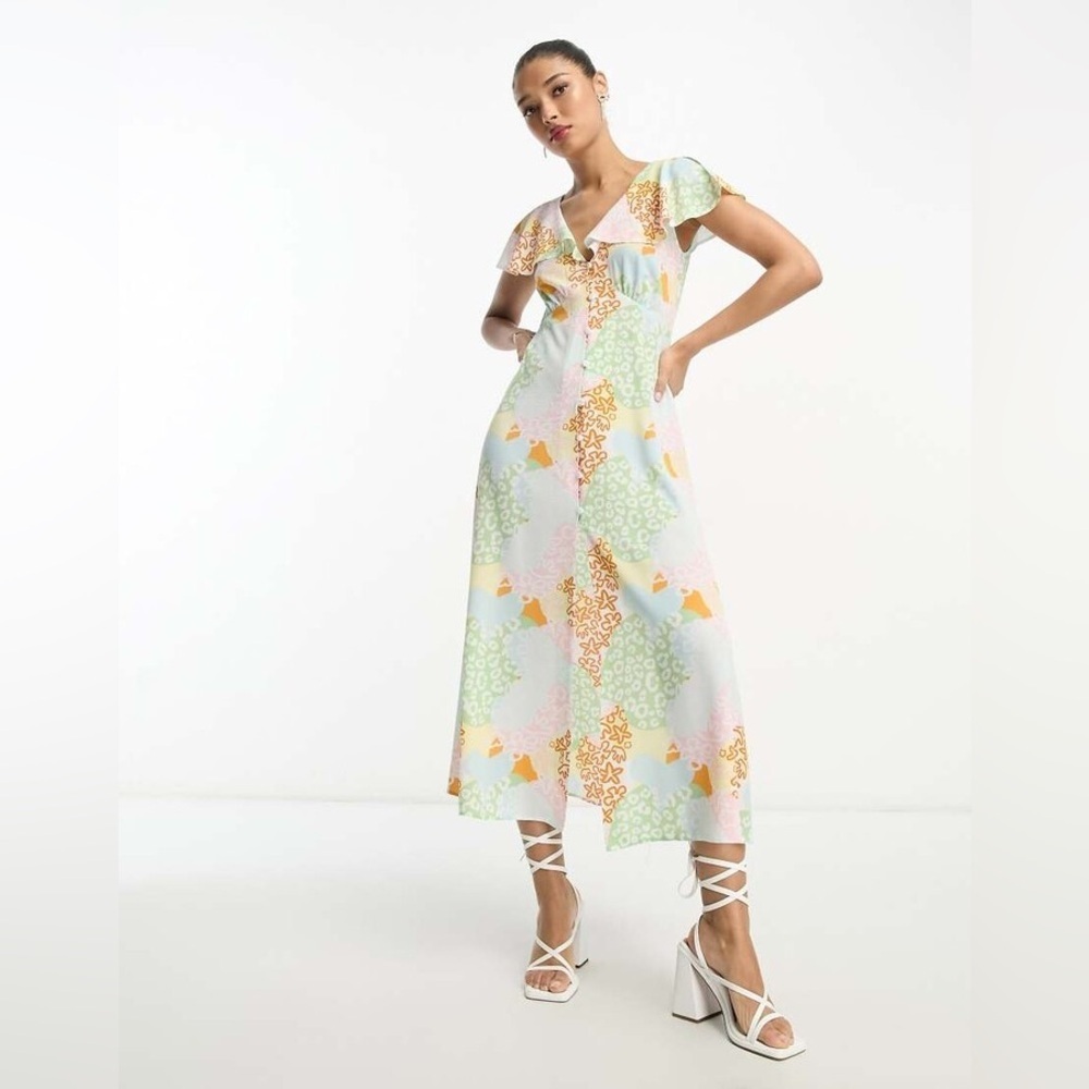 NWOT ASOS Pastel Floral Multicolor Patchwork flutter sleeve Maxi tea  Dress 2